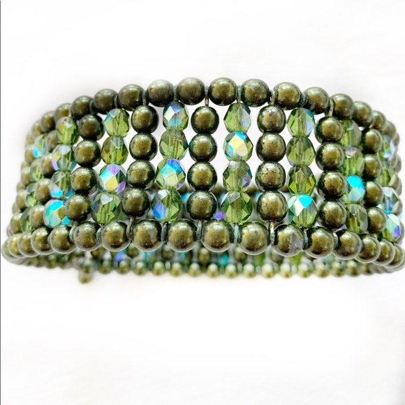Green pearl & crystal wide choker necklace - Picture 3 of 7